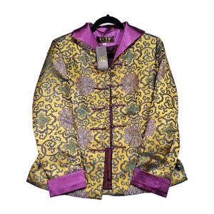Damask Blazer Women M Chinese Cantonese Silk Blend Asian Floral Colorful Brocade